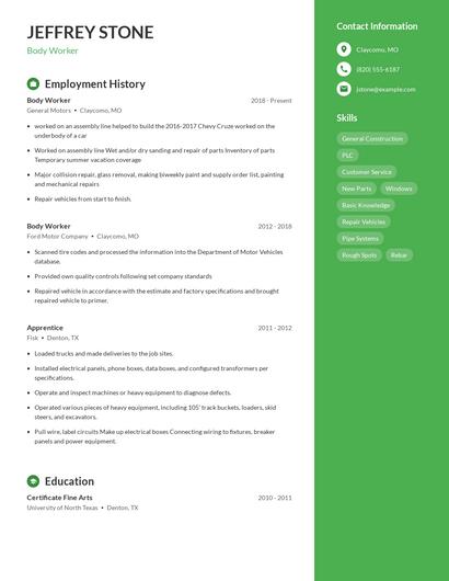 Body Worker Resume