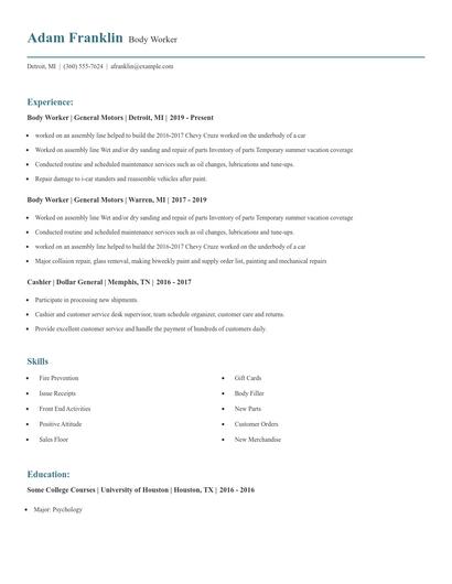 Body Worker Resume