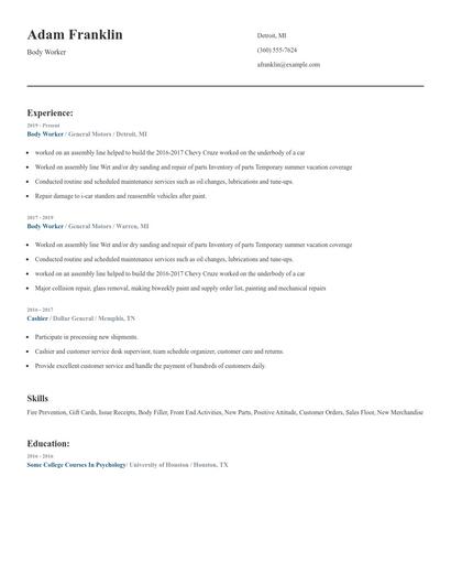 Body Worker Resume