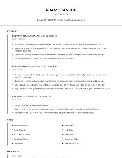 Body Worker Resume