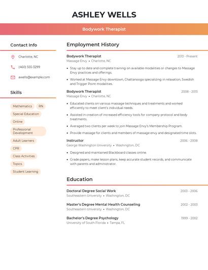 Bodywork Therapist Resume