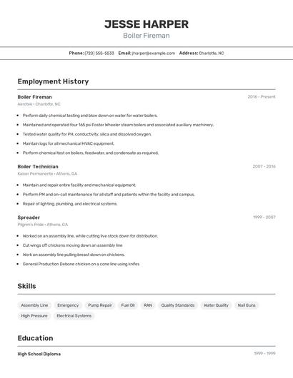 Boiler Fireman Resume