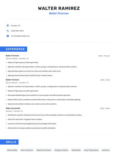 Boiler Fireman Resume
