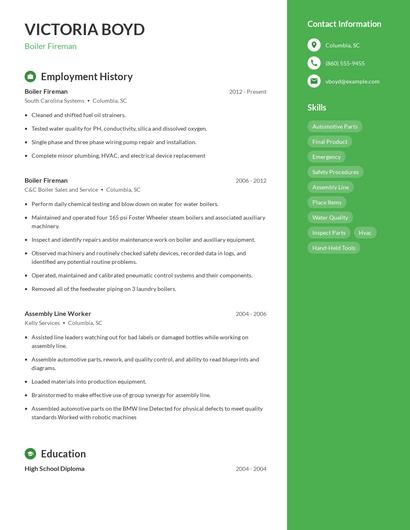 Boiler Fireman Resume