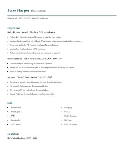 Boiler Fireman Resume