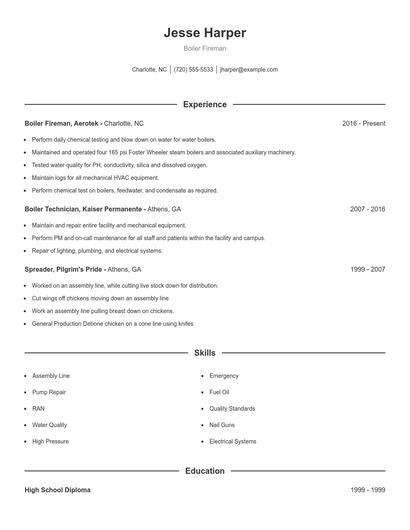 Boiler Fireman Resume