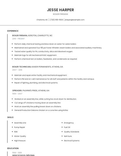 Boiler Fireman Resume