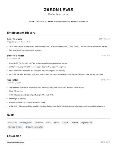 Boiler Mechanic Resume