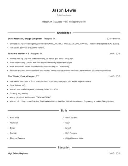 Boiler Mechanic Resume