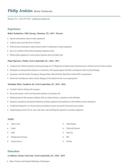 Boiler Technician Resume