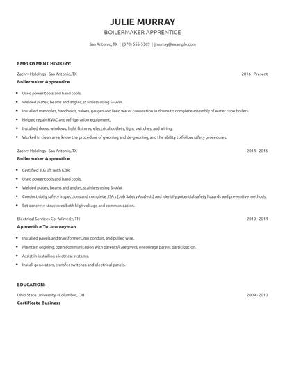 Boilermaker Apprentice Resume