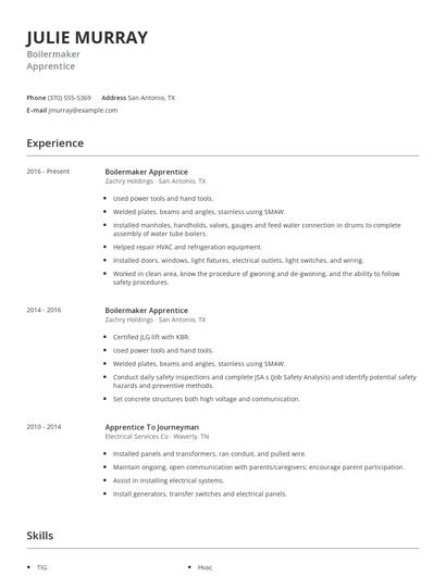 Boilermaker Apprentice Resume