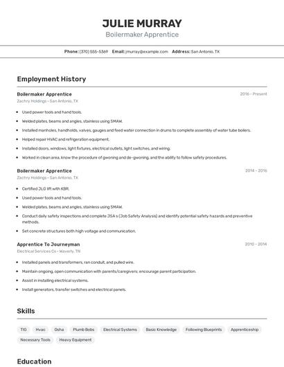 Boilermaker Apprentice Resume