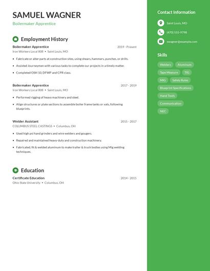 Boilermaker Apprentice Resume