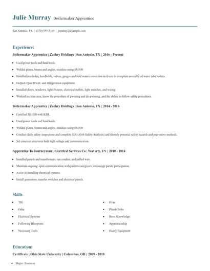 Boilermaker Apprentice Resume