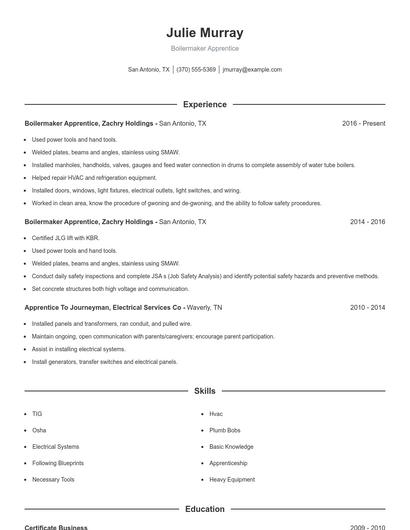 Boilermaker Apprentice Resume