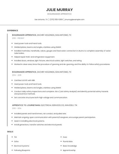 Boilermaker Apprentice Resume