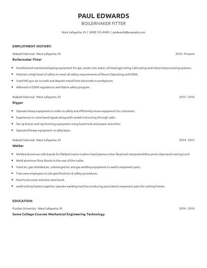 Boilermaker Fitter Resume