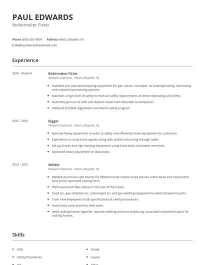 Boilermaker Fitter Resume