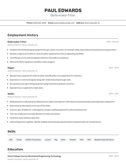 Boilermaker Fitter Resume
