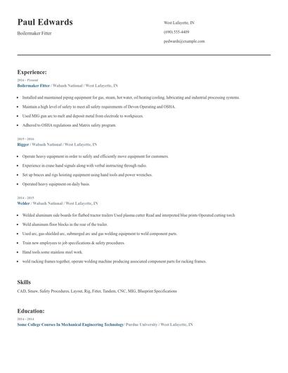 Boilermaker Fitter Resume
