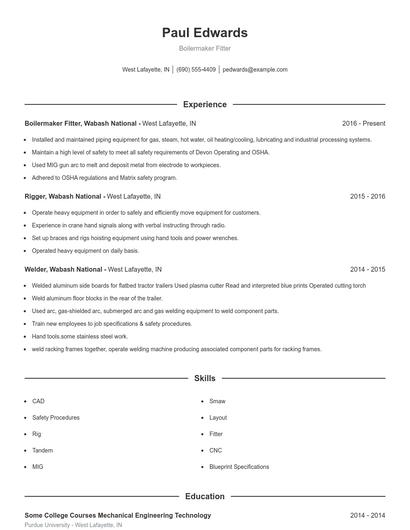 Boilermaker Fitter Resume