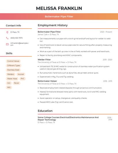 Boilermaker Pipe Fitter Resume