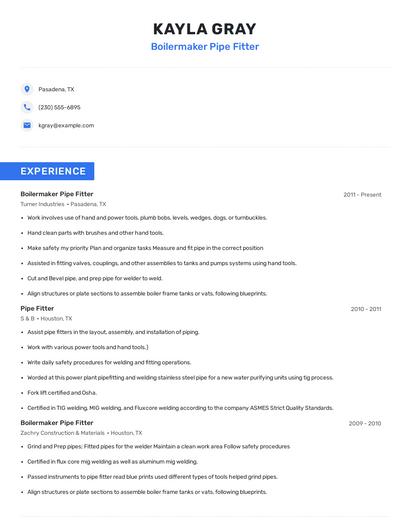 Boilermaker Pipe Fitter Resume