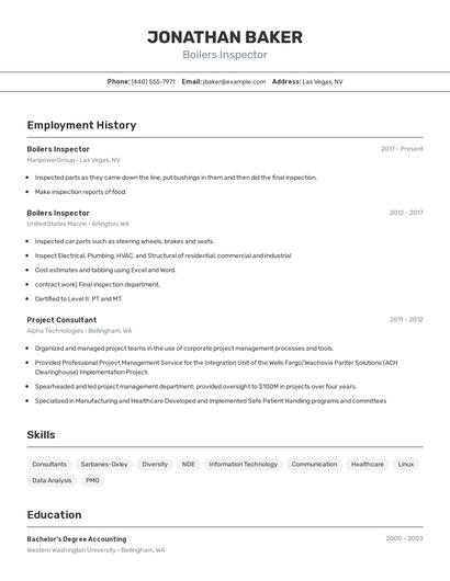 Boilers Inspector Resume