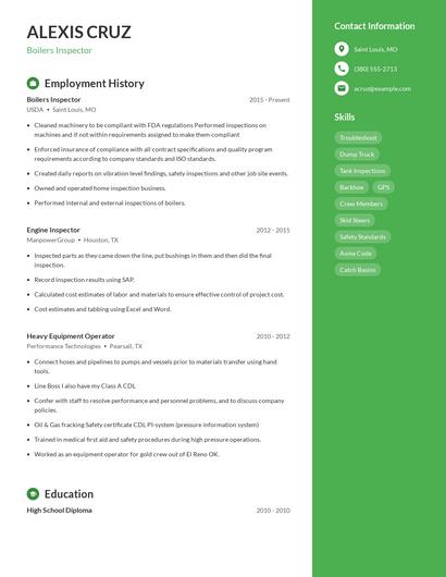 Boilers Inspector Resume
