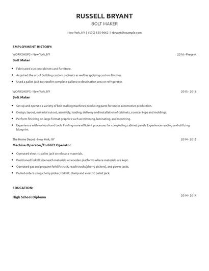 Bolt Maker Resume