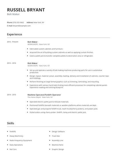 Bolt Maker Resume