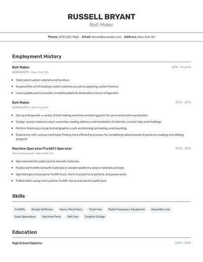 Bolt Maker Resume