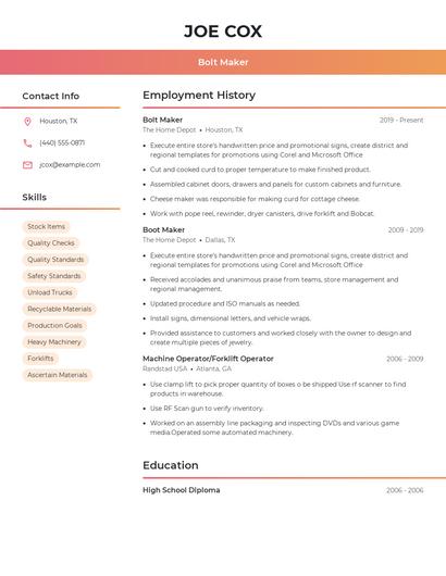 Bolt Maker Resume