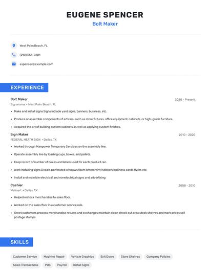 Bolt Maker Resume
