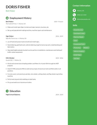 Bolt Maker Resume