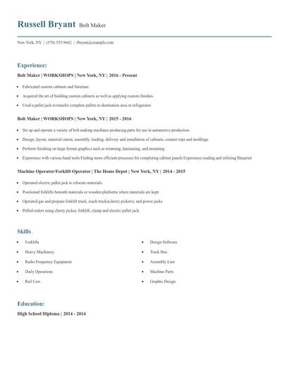 Bolt Maker Resume