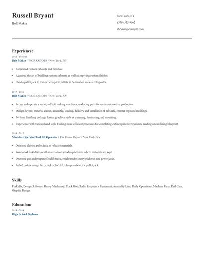 Bolt Maker Resume