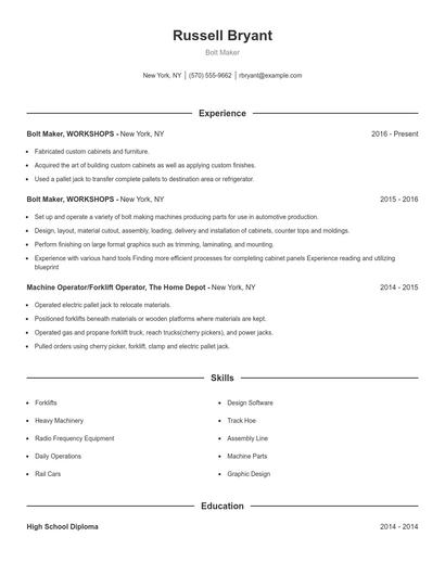Bolt Maker Resume