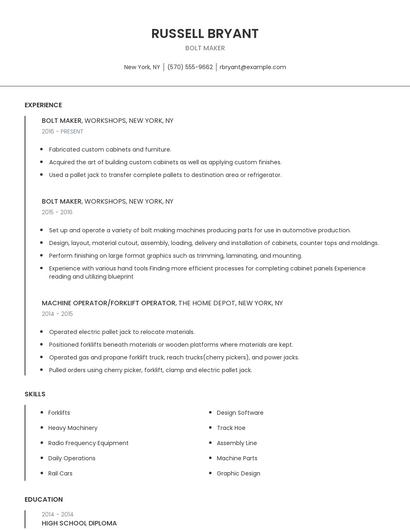 Bolt Maker Resume