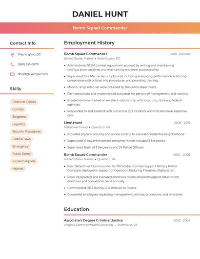 Bomb Squad Commander Resume