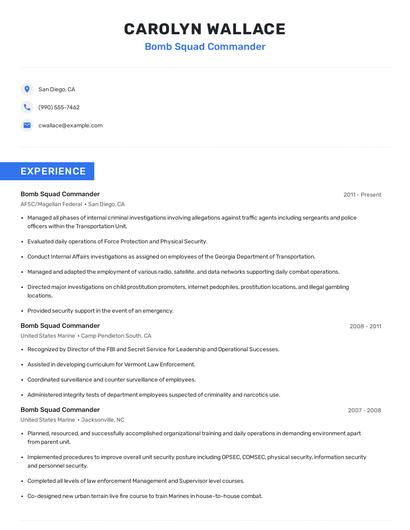 Bomb Squad Commander Resume
