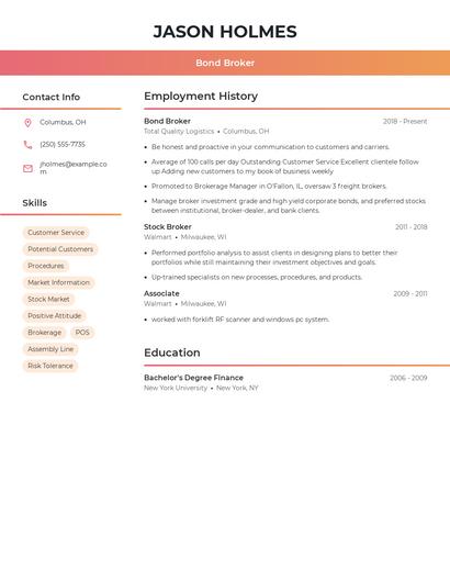 Bond Broker Resume
