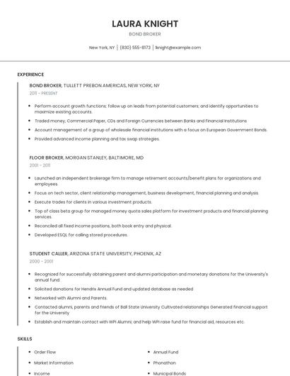 Bond Broker Resume