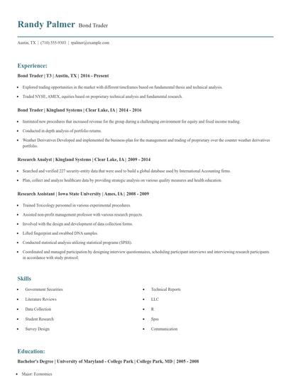 Bond Trader Resume
