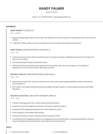 Bond Trader Resume