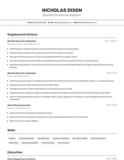 Bonded Structures Repairer Resume