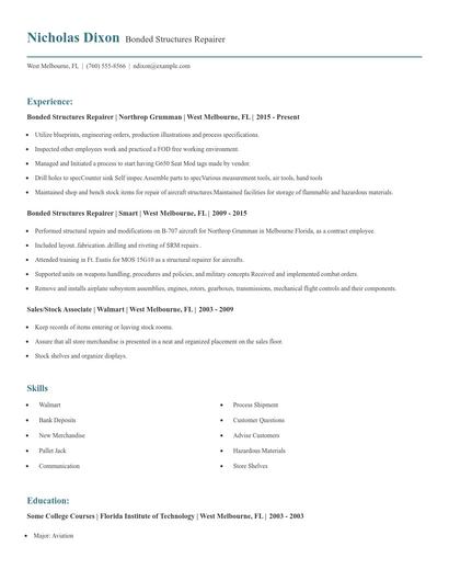 Bonded Structures Repairer Resume