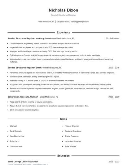 Bonded Structures Repairer Resume