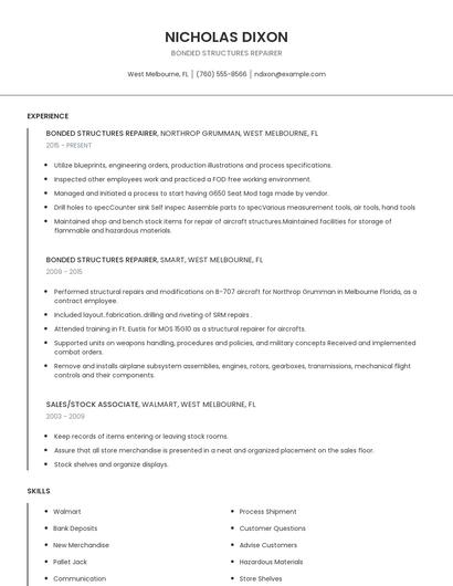 Bonded Structures Repairer Resume